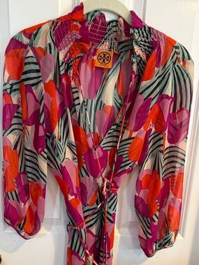 Tory Burch Vibrant Floral Silk Wrap Top in Fuchsia, Orange & Pink